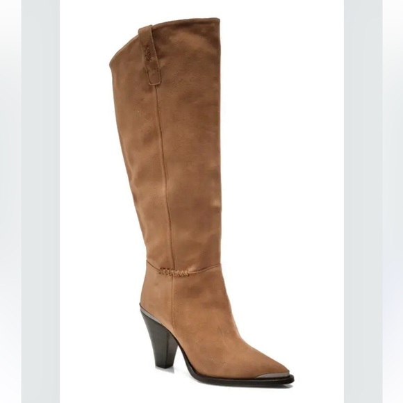 Free People Stevie Tan Heeled Knee Boots with Pointed Toe in Cognac Suede - Picture 1 of 12